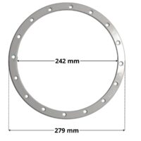 Kit composto da flangia e viti ricambio per faro subacqueo Standard Astralpool con quote dimensionali diametro esterno 279 mm diametro foro centrale 242 mm