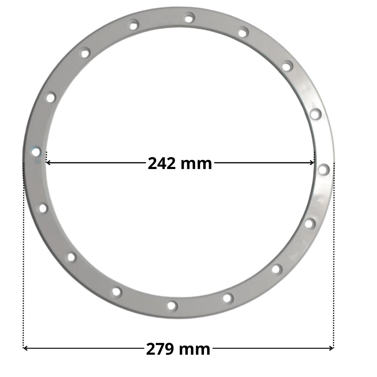 Kit composto da flangia e viti ricambio per faro subacqueo Standard Astralpool con quote dimensionali diametro esterno 279 mm diametro foro centrale 242 mm