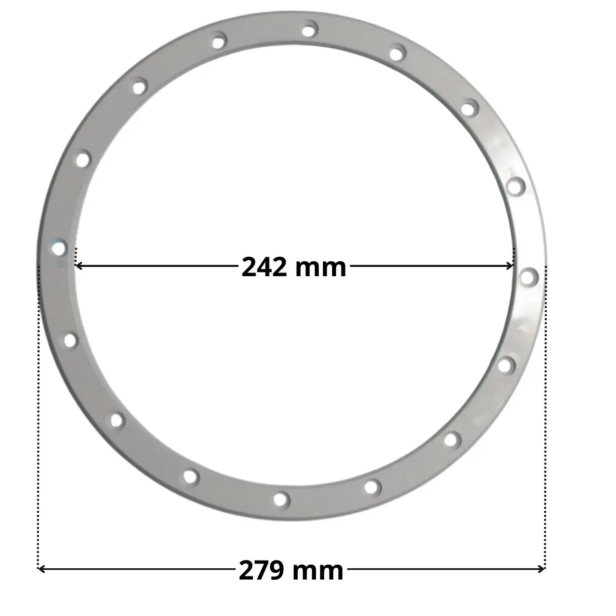 Kit composto da flangia e viti ricambio per faro subacqueo Standard Astralpool con quote dimensionali diametro esterno 279 mm diametro foro centrale 242 mm