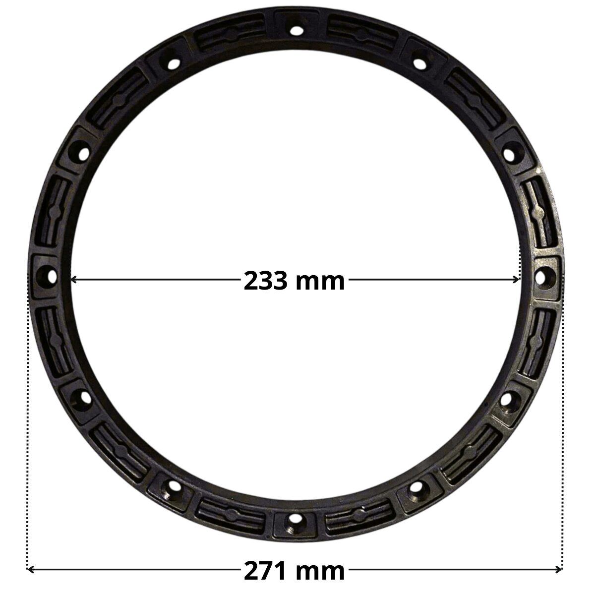 Vista frontale della flangia ricambio per faro subacqueo EX 300 watt PAR56 Aqua con quote dimensionali: diametro esterno 271 mm e diametro interno 233 mm