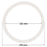 Vista frontale della guarnizione ricambio per faro subacqueo EX 300 watt PAR56 Aqua con quote dimensionali: diametro esterno 270 mm e diametro interno 232 mm