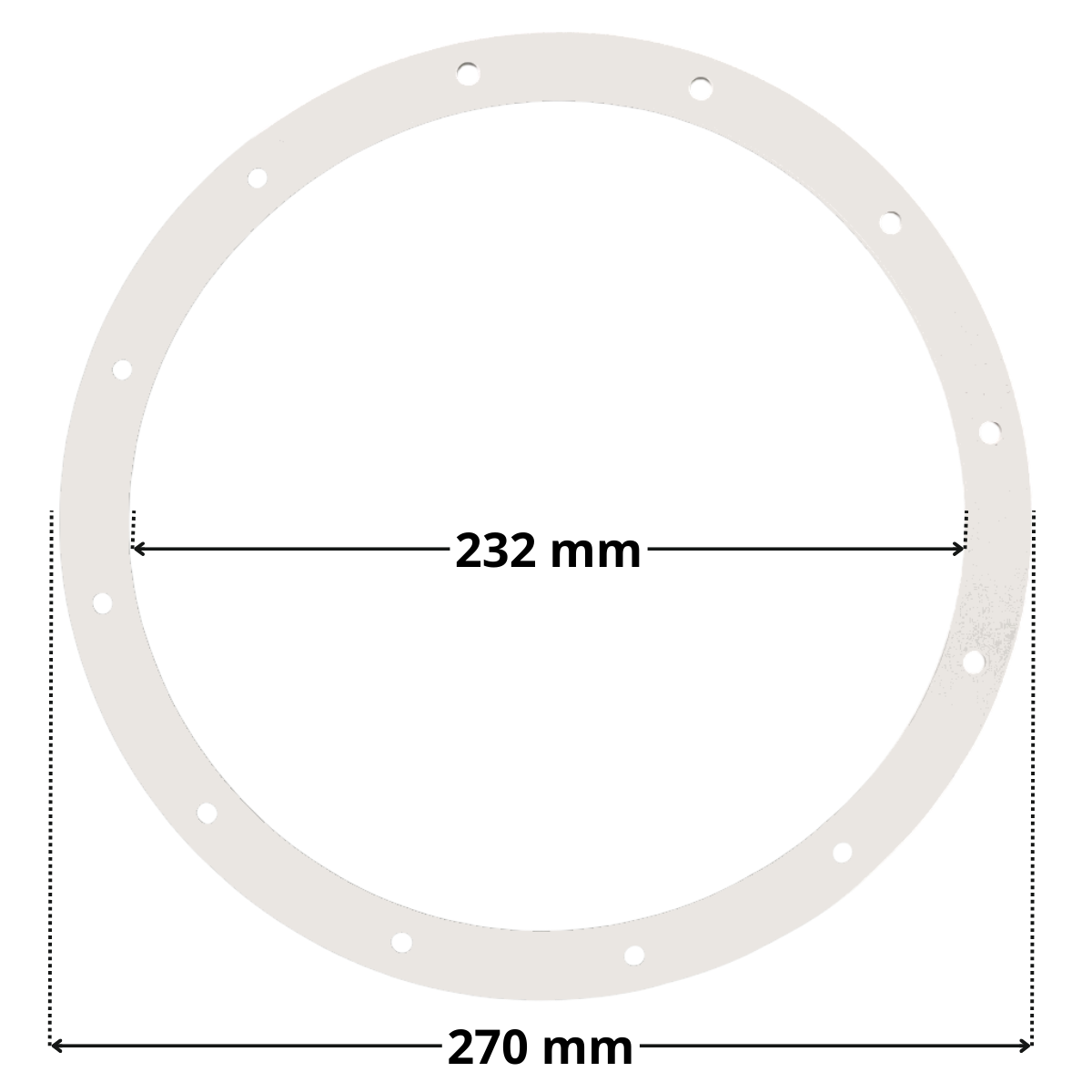 Vista frontale della guarnizione ricambio per faro subacqueo EX 300 watt PAR56 Aqua con quote dimensionali: diametro esterno 270 mm e diametro interno 232 mm