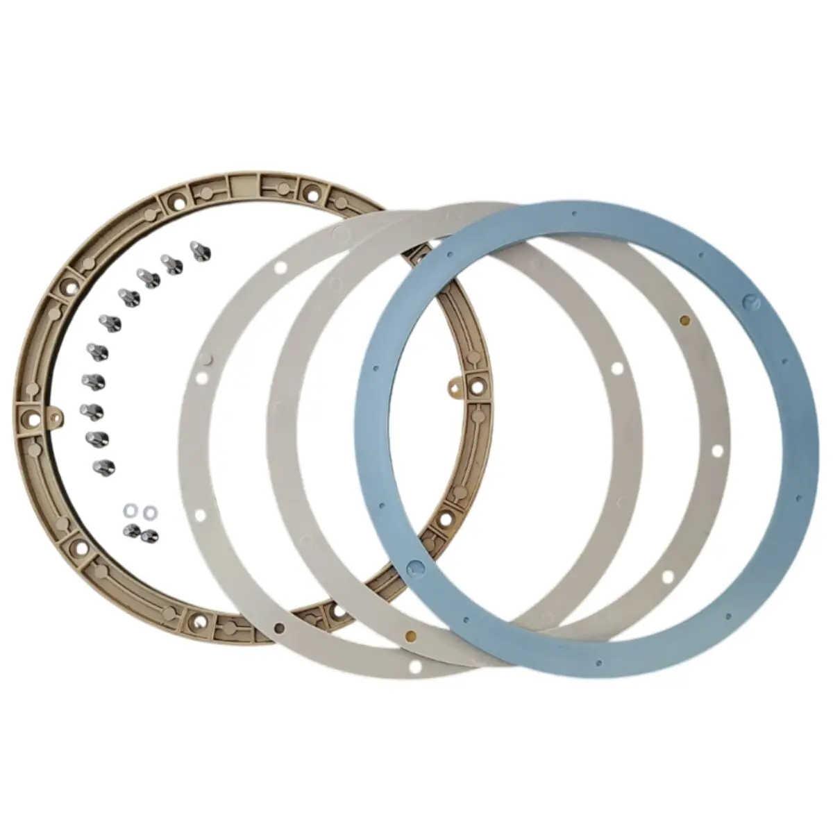 Kit composto da flangia in ottone, due guarnizioni ad incollaggio, una guarnizione sandwich e viti ricambio per faro subacqueo EX 300 watt Pool's