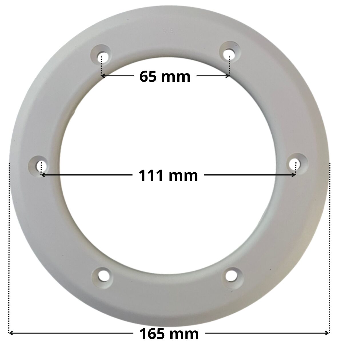 Flangia, ricambio per bocchetta a pavimento per piscine prefabbricate Astralpool con quote dimensionali: diametro esterno 165 mm, diametro interno 111 mm, interasse fori 65 mm