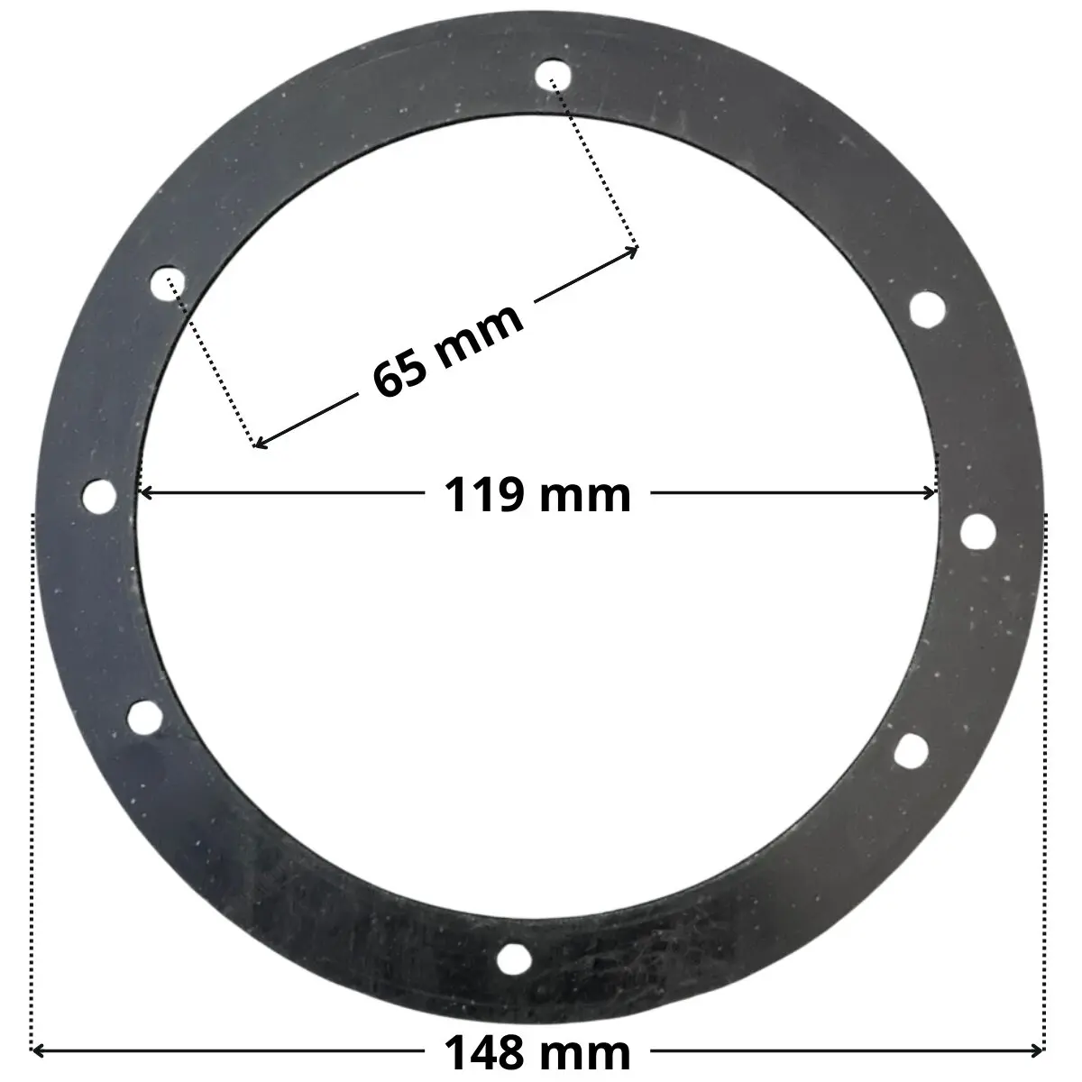 Guarnizione, ricambio per bocchetta di mandata regolabile a pavimento Astralpool con quote dimensionali: diametro esterno 148 mm, diametro interno 119 mm, interasse fori 65 mm