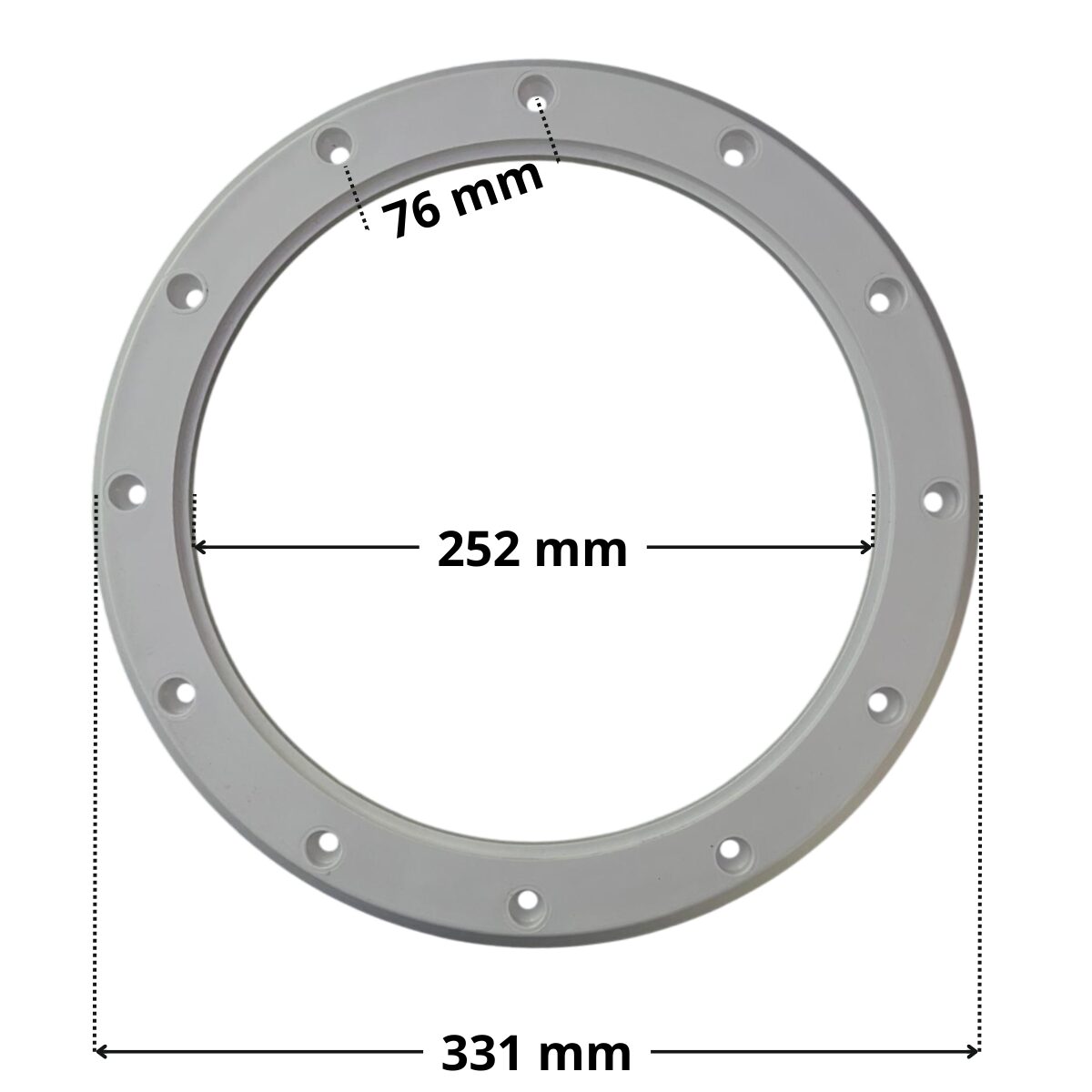 Flangia, ricambio per bocchetta pavimento regolabile 3 pollici Astralpool con quote dimensonali: diametro esterno 331 mm , diametro interno 252 mm e interasse fori di fissaggio 76 mm