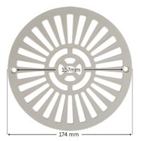 Griglia piatta e viti fissaggio, ricambio per scarico di fondo da due pollici Astralpool con quote dimensionali: diametro esterno 174 mm e interasse fori fissaggio viti 157 mm