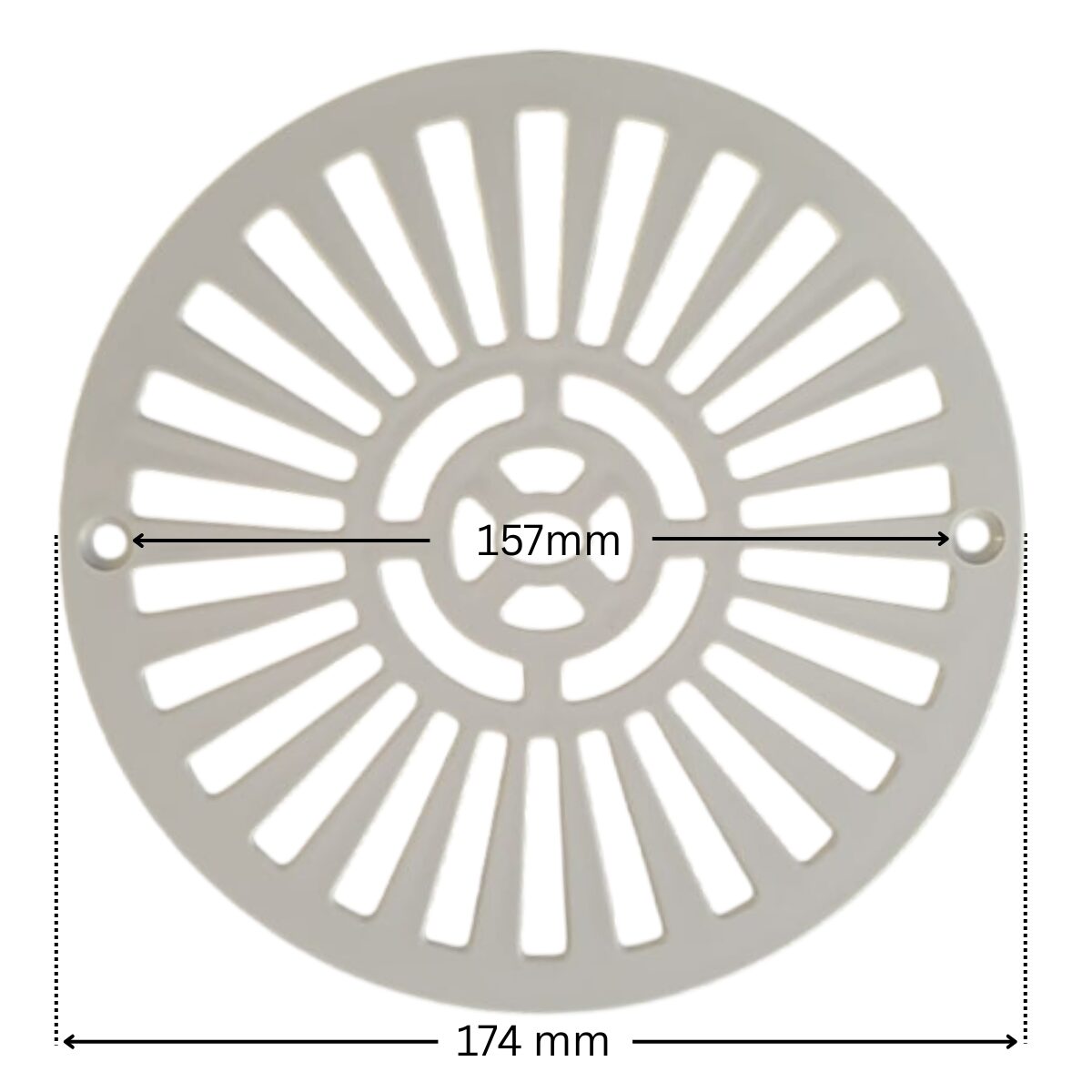 Griglia piatta e viti fissaggio, ricambio per scarico di fondo da due pollici Astralpool con quote dimensionali: diametro esterno 174 mm e interasse fori fissaggio viti 157 mm