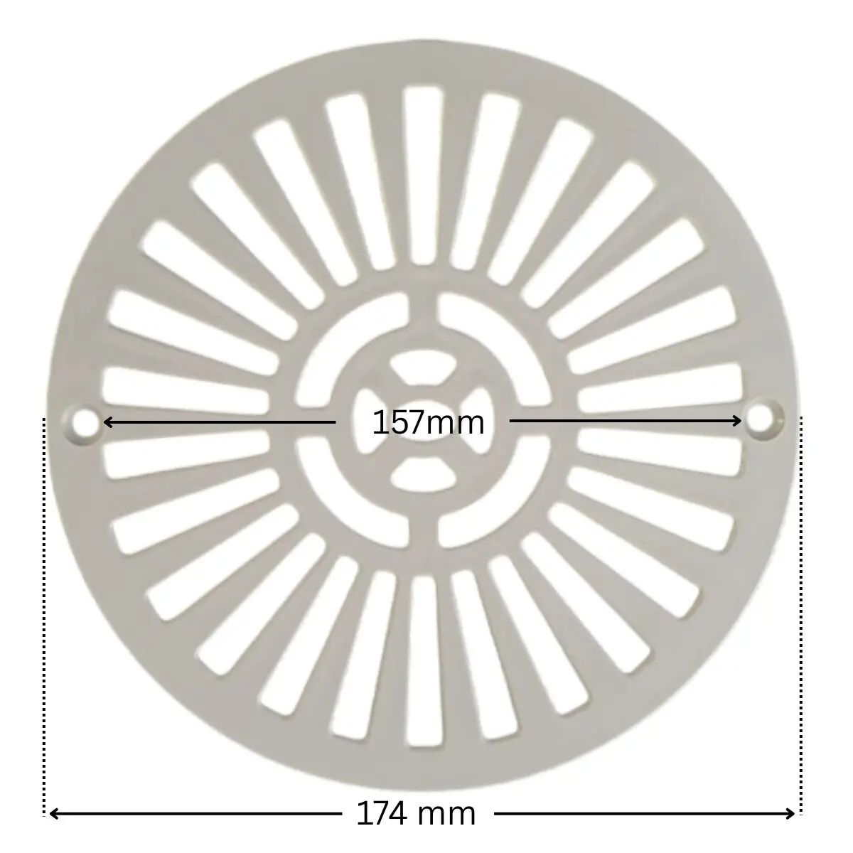 Griglia piatta e viti fissaggio, ricambio per scarico di fondo da due pollici Astralpool con quote dimensionali: diametro esterno 174 mm e interasse fori fissaggio viti 157 mm