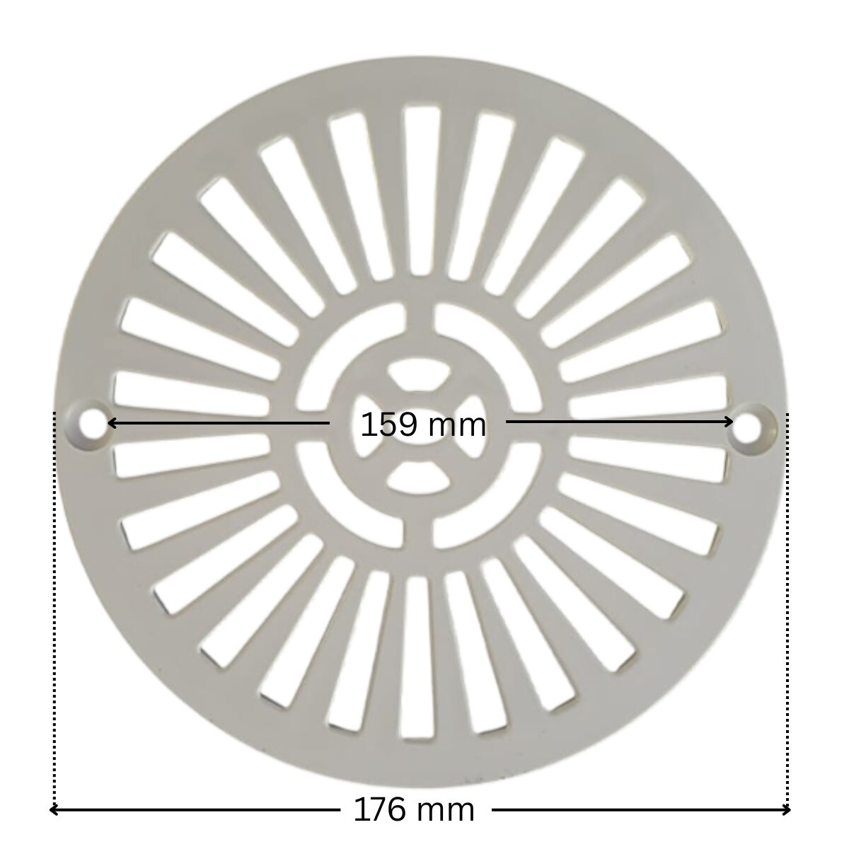 Griglia piatta e viti fissaggio, ricambio per scarico di fondo diametro 210 mm Astralpool con quote dimensionali: diametro esterno 174 mm e interasse fori fissaggio viti 157 mm
