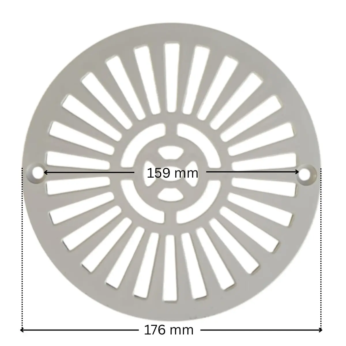 Griglia piatta e viti fissaggio, ricambio per scarico di fondo diametro 210 mm Astralpool con quote dimensionali: diametro esterno 174 mm e interasse fori fissaggio viti 157 mm