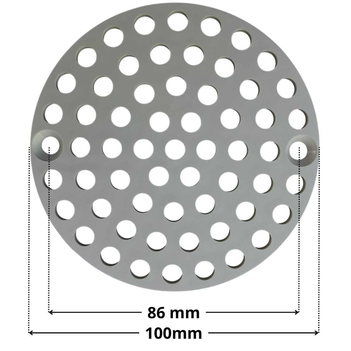 Griglia ricambio per bocchetta di mandata regolabile a pavimento Astralpool con quote dimensionali: diametro esterno 100 mm e interasse fori di fissaggio 86 mm