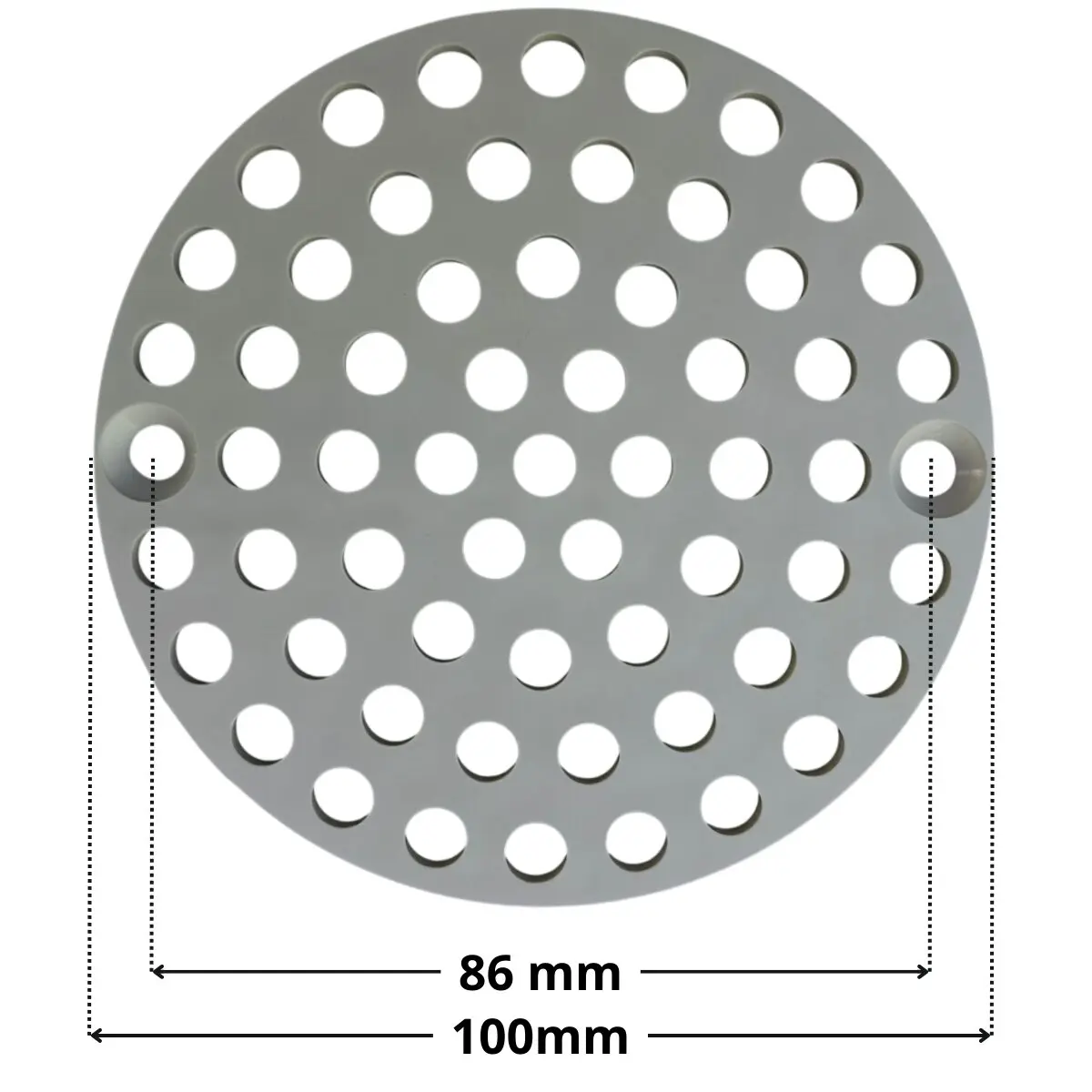 Griglia ricambio per bocchetta di mandata regolabile a pavimento Astralpool con quote dimensionali: diametro esterno 100 mm e interasse fori di fissaggio 86 mm