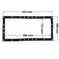 Guarnizione ricambio per skimmer bocca larga, portata 15 e 17,5 litri Astralpool con foro centrale. Dimensioni indicate: larghezza massima esterna 422 mm, altezza massima esterna 386 mm, larghezza massima interna del foro rettangolare 172 mm