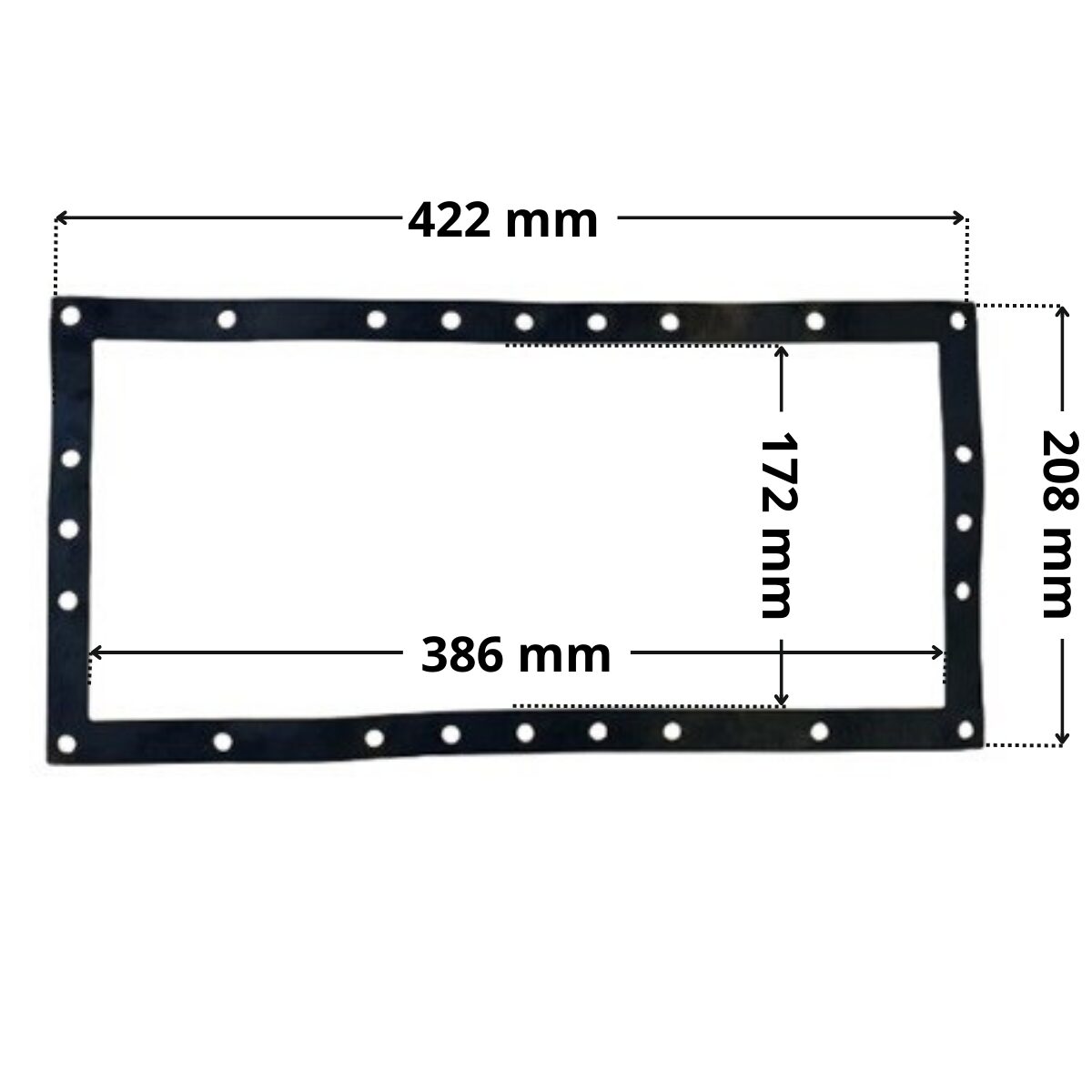 Guarnizione ricambio per skimmer bocca larga, portata 15 e 17,5 litri Astralpool con foro centrale. Dimensioni indicate: larghezza massima esterna 422 mm, altezza massima esterna 386 mm, larghezza massima interna del foro rettangolare 172 mm
