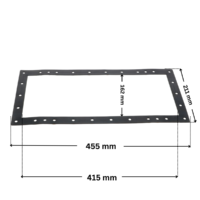 Guarnizione ricambio per skimmer SNTE. Dimensioni indicate: larghezza massima esterna 455 mm, altezza massima esterna 215 mm, largezza masssima interna 211 mm e altezza massima interna 162 mm.