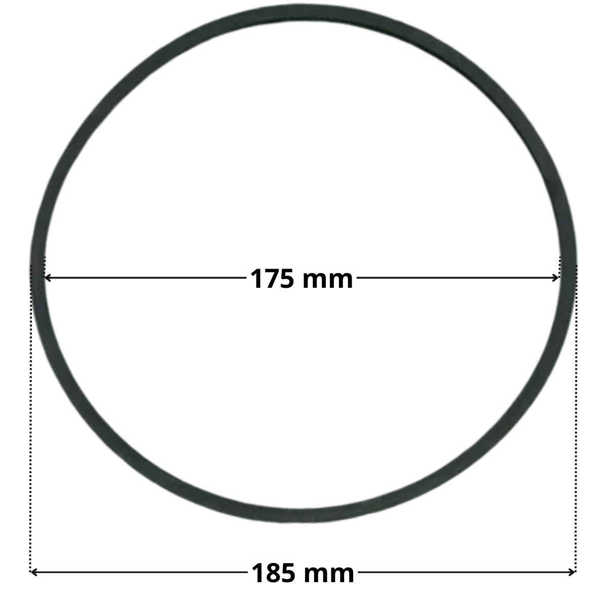Guarnizione calotta ricambio per faro subacqueo PS Astralpoolcon quote dimensionali: diametro esterno 185 mm e diametro interno 175 mm.