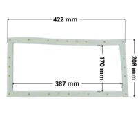 Guarnizione sandwich ricambio per skimmer bocca larga, portata 15 e 17,5 litri Astralpool. Dimensioni indicate: larghezza massima esterna 422 mm, altezza massima esterna 208 mm, larghezza massima interna del foro rettangolare 387 mm e altezza massima esterna 170 mm.