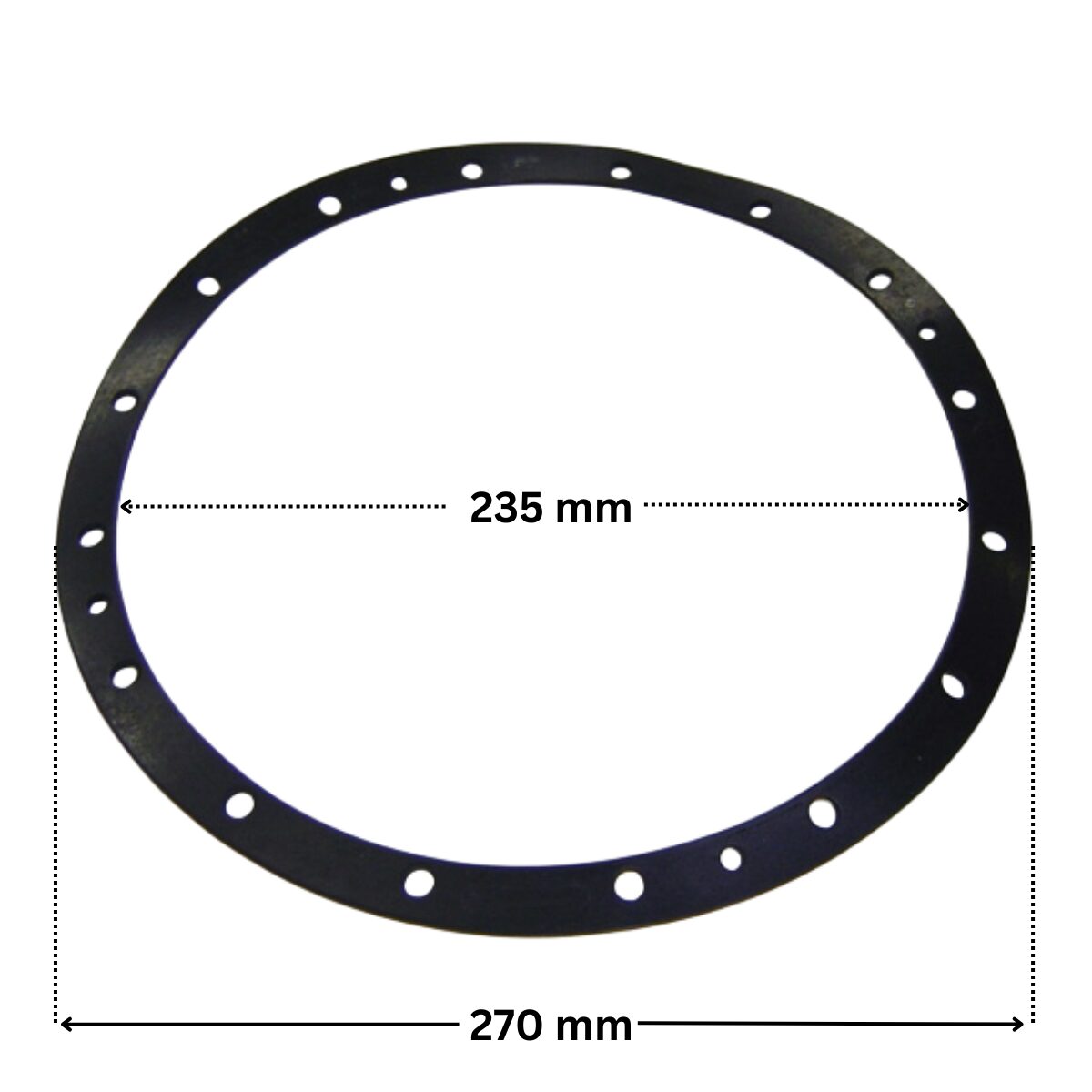 Kit composto da guarnizione e viti ricambio per faro subacqueo Standard Astralpool, con quote dimensionali; diametro esterno 270 mm, diametro interno 235 mm.