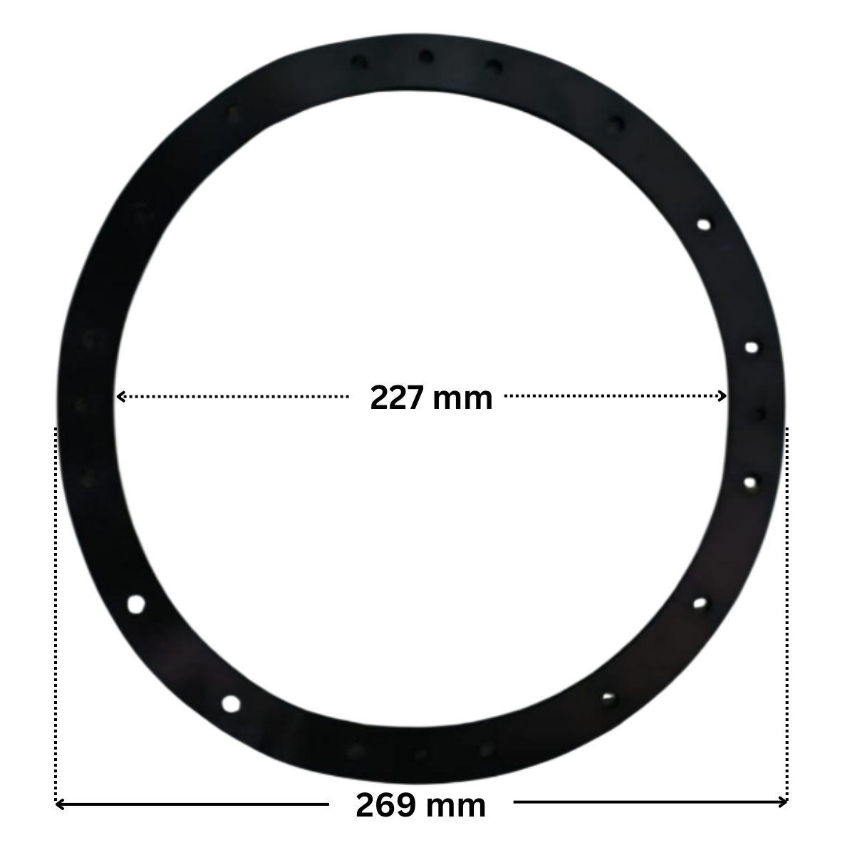 Kit composto da guarnizioni e viti ricambio per faro subacqueo Standard Astralpool, con quote dimensionali: diametro interno 227 mm e diametro esterno 269 mm.