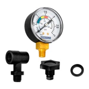 Vista frontale del kit composto da manometro con attacco laterale e sfiato ricambio assemblato per filtro a sabbia Cantabric Astralpool
