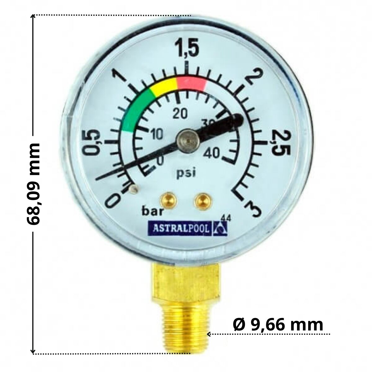 Manometro con attacco laterale ricambio per filtro a sabbia Cantabric Astralpool con quote dimensionali: altezza totale 68,09 mm diametro attacco filettato 9,66 mm