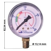 Vista frontale del manometro con attacco laterale ricambio per filtro a sabbia Pool's con quote dimensionali: altezza totale 82,54 mm diametro attacco filettato 13,14 mm