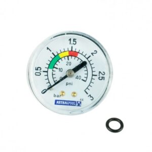 Vista frontale del manometro con attacco posteriore e o-ring ricambio per filtro a sabbia aster Berlin Cantabric e Vesuvio Astralpool