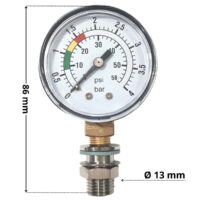 Manometro ricambio per filtro a sabbia Side Aquarius Aqua con quote dimensionali: diametro attacco 13 mm e altezza totale 86 mm
