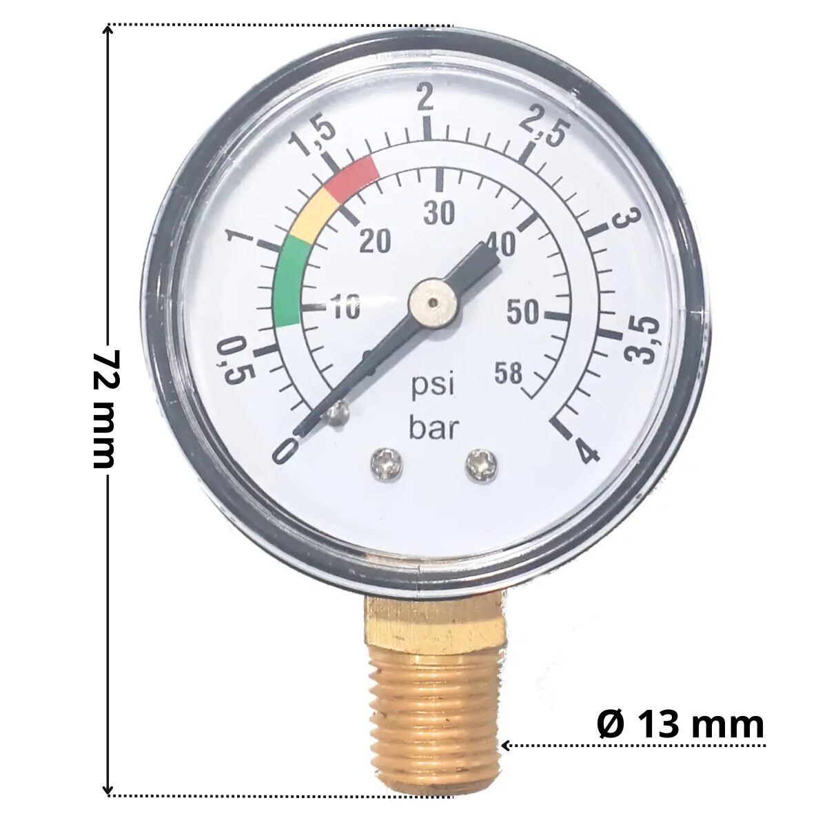 Manometro ricambio per filtro a sabbia Top Aquarius Aqua con quote dimensionali: diametro attacco 13 mm e altezza totale 72 mm