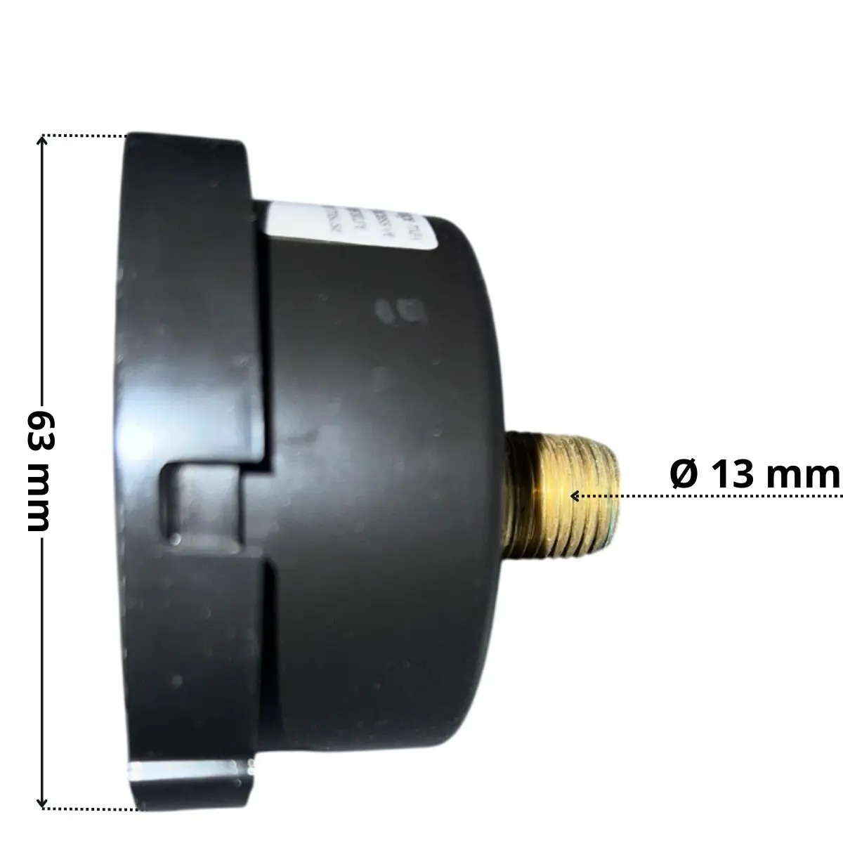 Vista laterale del manometro ricambio per filtro a sabbia Triton Pentair con quote dimensionali: diametro attacco 13 mm e diametro frontale 63 mm