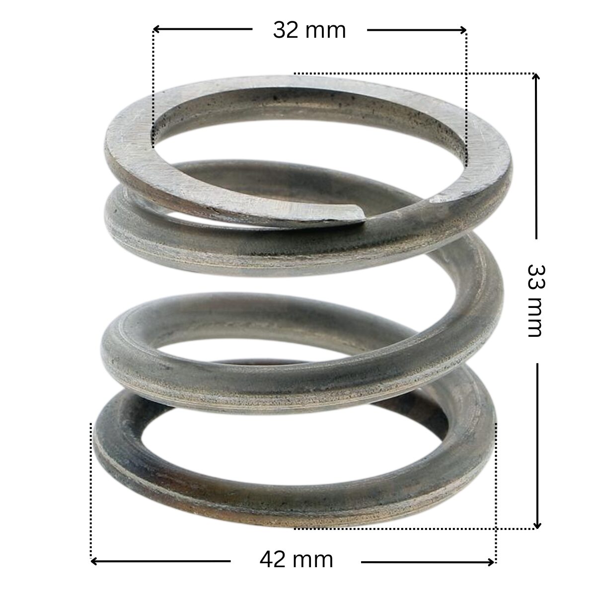Molla in acciaio, ricambio per valvola selettrice Top da 1 pollice e mezzo AstralPool con quote dimensionali: diametro esterno 42 mm, diametro interno 32 mm, altezza esterna 33 mm.