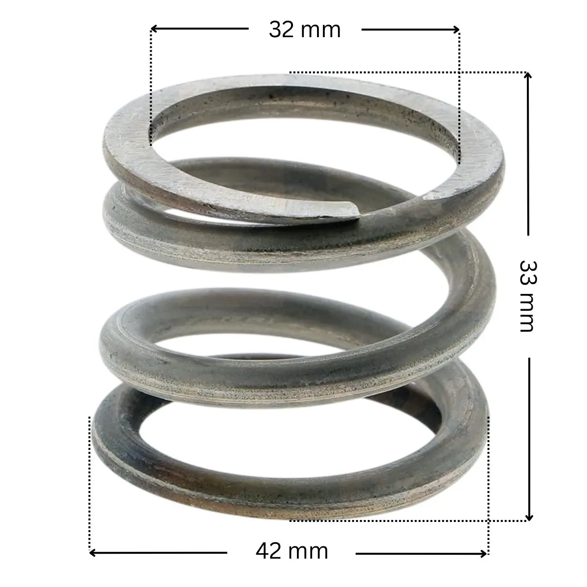 Molla in acciaio, ricambio per valvola selettrice Top da 1 pollice e mezzo AstralPool con quote dimensionali: diametro esterno 42 mm, diametro interno 32 mm, altezza esterna 33 mm.