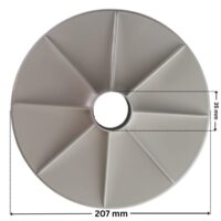 Piatto aspirazione ricambio per skimmer sfioratore Pool's con quote dimensionali: diametro massimo 207 mm, diametro foro centrale 35 mm.