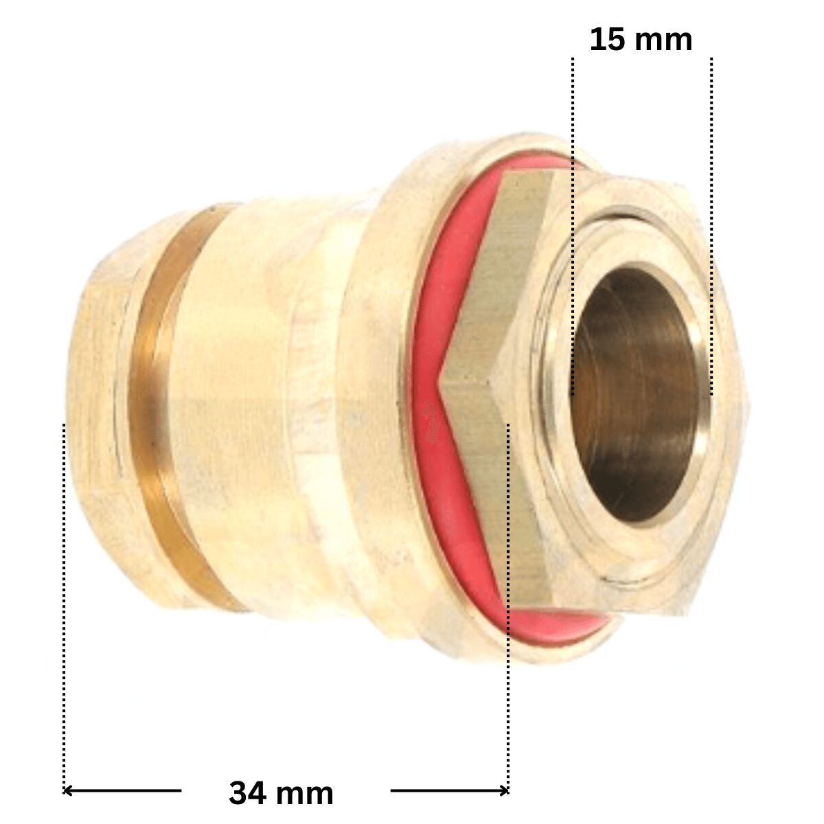 Pressacavo ricambio per faro subacqueo EX 300 watt Aqua e Pool's, con quote dimensionali; lunghezza esterna 34 mm e diametro interno foro 15 mm.