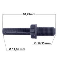 Vista laterale della candeletta dello scarico ricambio per filtro a sabbia Aster e Vesuvio Astralpool con quote dimensionali: lunghezza totale 80,49 mm, diametro esterno 16,35 mm e diametro interno 11,96 mm