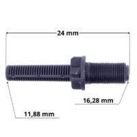 Vista laterale della candeletta dello scarico ricambio per filtro a sabbiaBerlin Astralpool con quote dimensionali: lunghezza totale 24 mm, diametro esterno 16,28 mm e diametro interno 11,88 mm