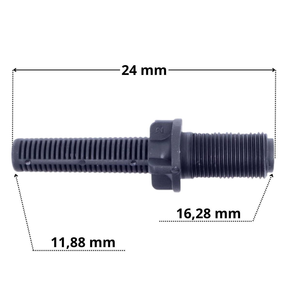 Vista laterale della candeletta dello scarico ricambio per filtro a sabbiaBerlin Astralpool con quote dimensionali: lunghezza totale 24 mm, diametro esterno 16,28 mm e diametro interno 11,88 mm