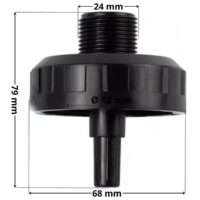 Vista laterale del corpo centrale dello scarico ricambio per filtro a sabbia Cantabric Astralpool con quote dimensionali: altezza totale 79 mm, diametro esterno 68 mm e diametro attacco tappo di scarico 24 mm