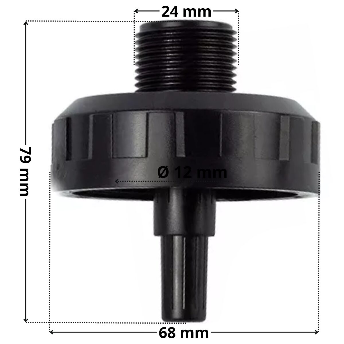 Vista laterale del corpo centrale dello scarico ricambio per filtro a sabbia Cantabric Astralpool con quote dimensionali: altezza totale 79 mm, diametro esterno 68 mm e diametro attacco tappo di scarico 24 mm