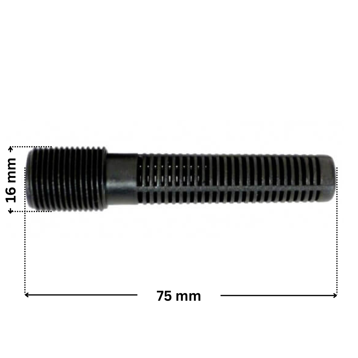 Candeletta componente dello scarico ricambio per filtro a sabbia Millennium Astralpool con quote dimensionali: altezza totale 75 mm, diametro attacco filettato 16 mm