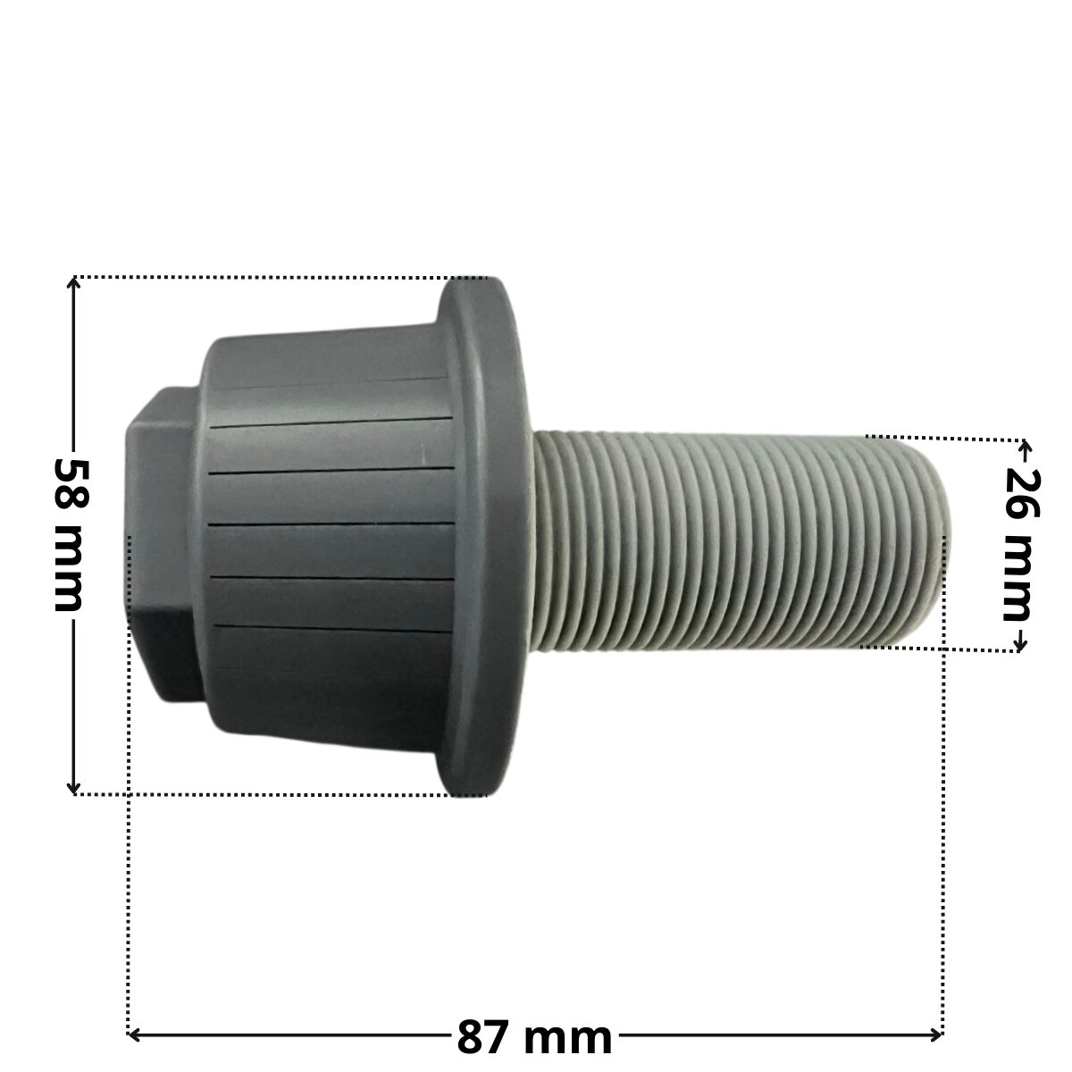 Candeletta componente dello scarico ricambio per filtro a sabbia Pool's con quote dimensionali: altezza totale 87 mm, diametro esterno 58 mm e diametro attacco tappo di scarico 26 mm