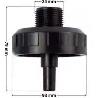 Corpo centrale scarico ricambio per filtro a sabbia Vesuvio Astralpool con quote dimensionali: altezza totale 79 mm, diametro esterno 93 mm e diametro attacco tappo di scarico 24 mm
