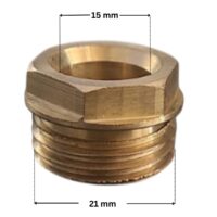 Testina pressacavo ricambio per faro subacqueo Pool's, con quote dimensionali; diametro foro interno 15 mm e diametro esterno filettatura 21 mm.