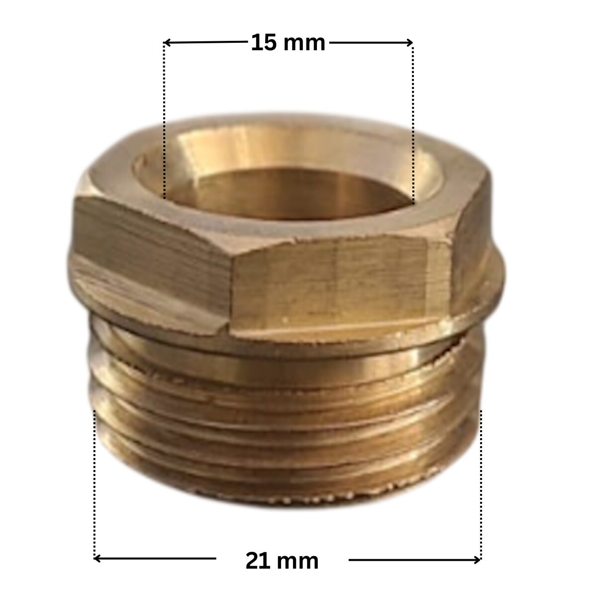 Testina pressacavo ricambio per faro subacqueo Pool's, con quote dimensionali; diametro foro interno 15 mm e diametro esterno filettatura 21 mm.