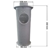 Cestello ricambio per pompa piscina Iris Espa con quote dimensionali: diametro esterno superiore 108 mm, diametro esterno inferiore 96 mm e altezza totale 222 mm.