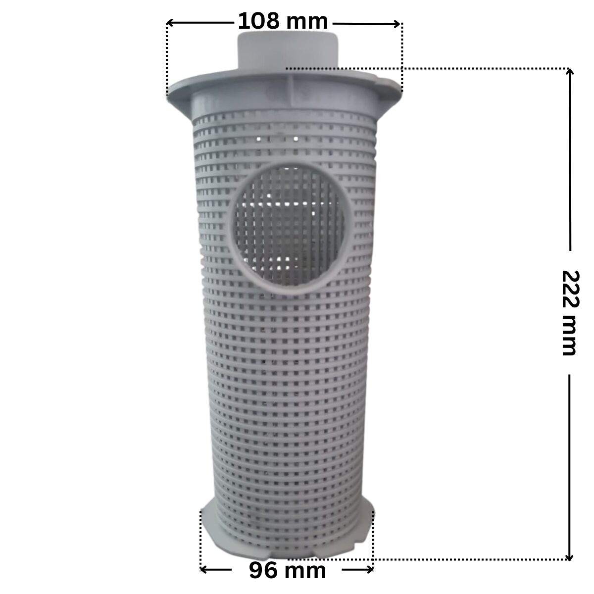 Cestello ricambio per pompa piscina Iris Espa con quote dimensionali: diametro esterno superiore 108 mm, diametro esterno inferiore 96 mm e altezza totale 222 mm.