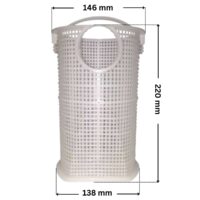 Cestello ricambio per pompa piscina Koral Kripsol con quote dimensionali: diametro esterno superiore 146 mm, diametro esterno inferiore 138 mm e altezza totale esterna 220 mm.