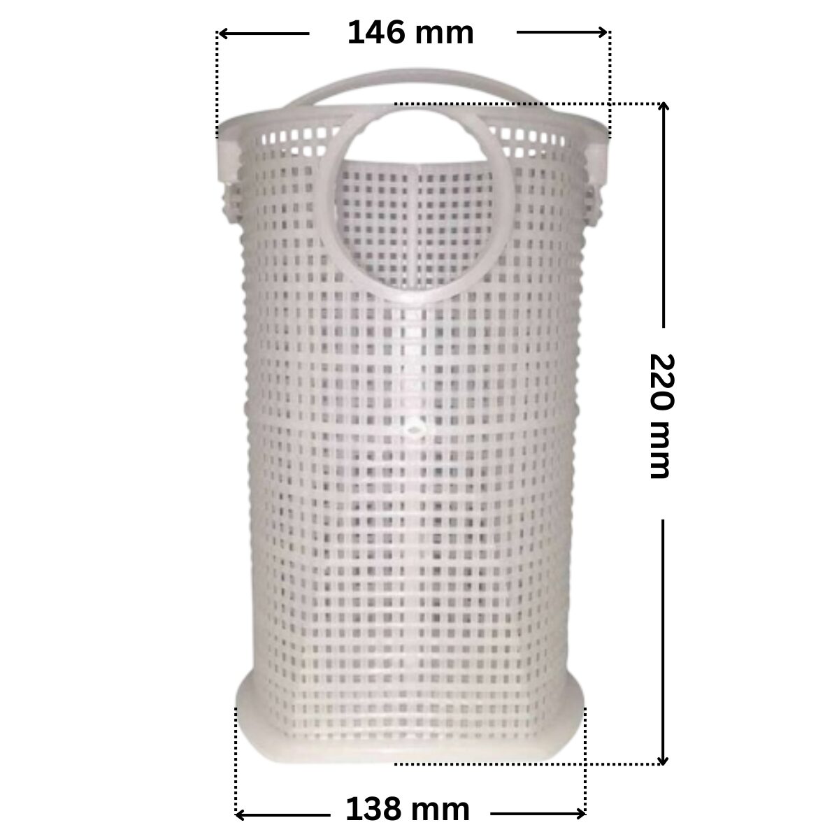 Cestello ricambio per pompa piscina Koral Kripsol con quote dimensionali: diametro esterno superiore 146 mm, diametro esterno inferiore 138 mm e altezza totale esterna 220 mm.