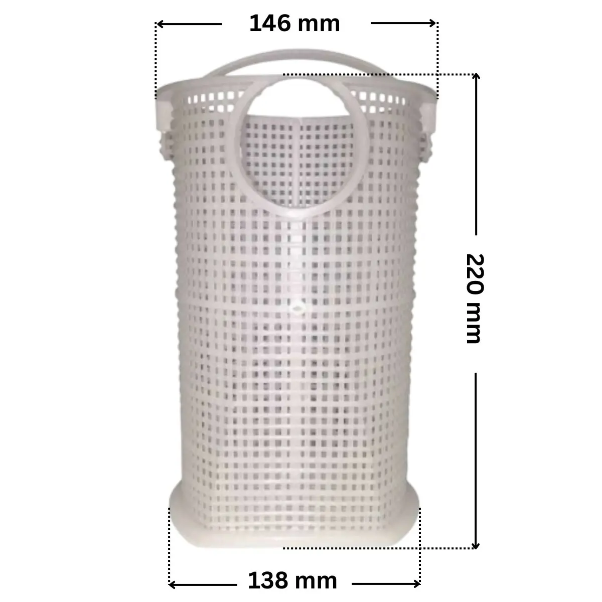 Cestello ricambio per pompa piscina Koral Kripsol con quote dimensionali: diametro esterno superiore 146 mm, diametro esterno inferiore 138 mm e altezza totale esterna 220 mm.